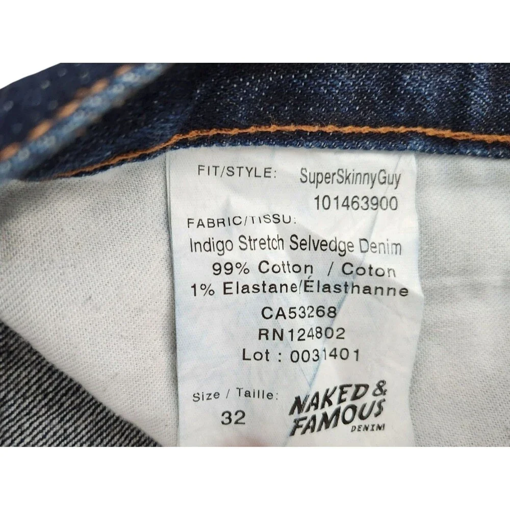 Naked & Famous Super Skinny Guy Indigo Stretch Selvedge Jeans Men 32x34 Slim Fit